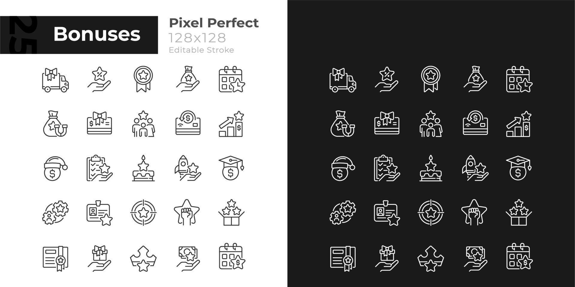 bonussen pixel perfecte lineaire pictogrammen ingesteld voor donkere, lichte modus. werknemer beloning. dunne lijnsymbolen voor nacht, dagthema. geïsoleerde illustraties. bewerkbare streek. vector