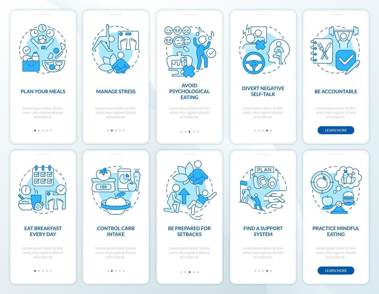 dieettrends blauwe onboarding mobiele app-schermset. gezonde voeding walkthrough 5 stappen grafische instructiepagina's met lineaire concepten. ui, ux, gui-sjabloon. vector