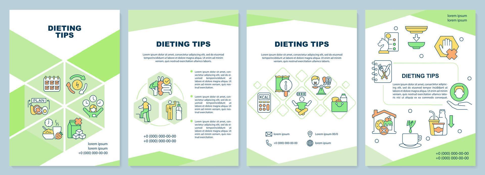 diëten tips brochure sjabloon. gewicht verliezen. gezonde voeding. folderontwerp met lineaire pictogrammen. 4 vectorlay-outs voor presentatie, jaarverslagen. vector