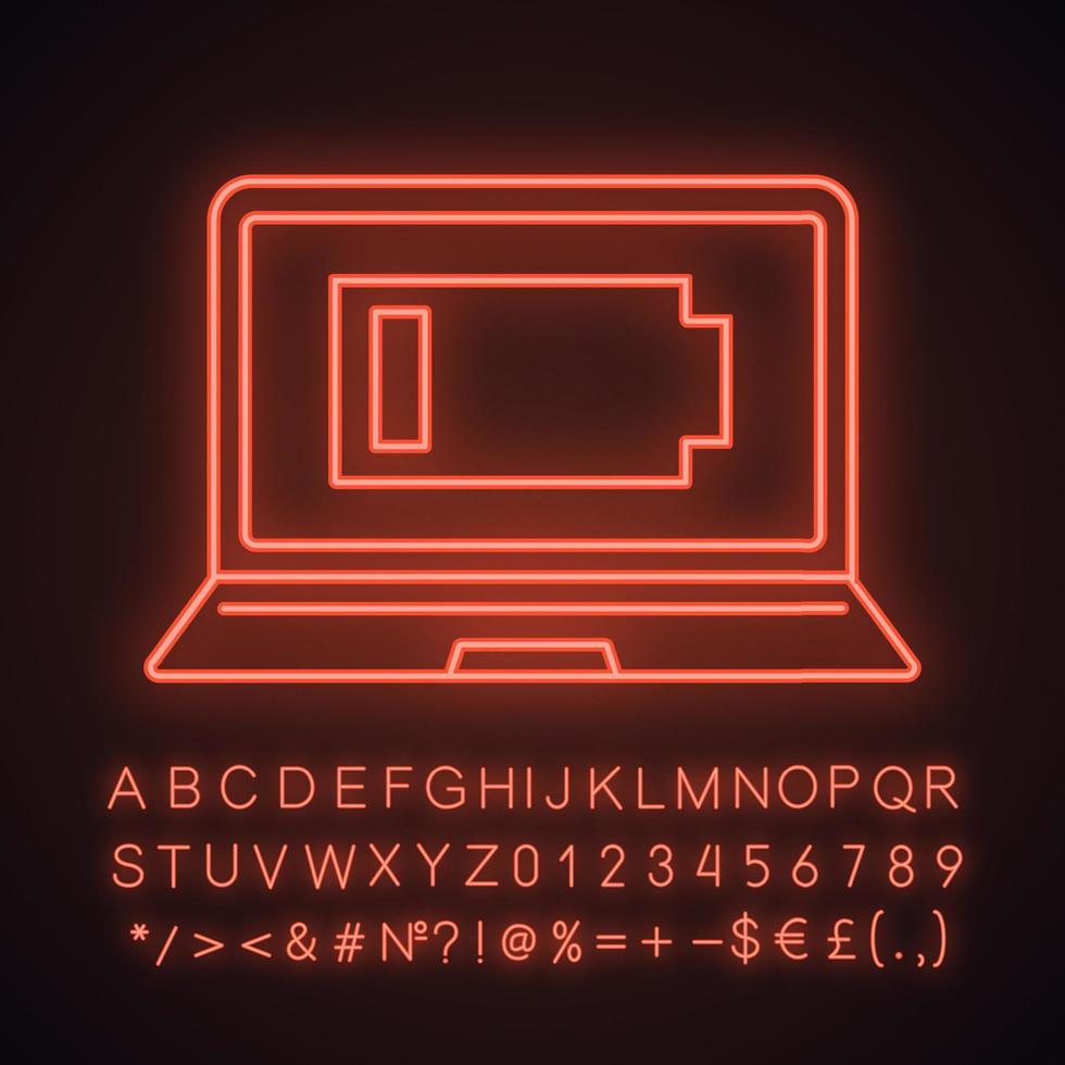 ontladen laptop neon licht icoon. computer bijna lege batterij. batterijniveau-indicator van de notebook. gloeiend bord met alfabet, cijfers en symbolen. vector geïsoleerde illustratie