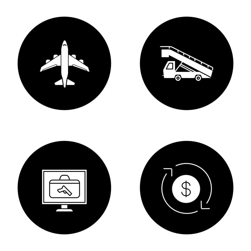 luchthaven service glyph pictogrammen instellen. vliegtuig, trapwagen, bagagescanner, dollarwisselkantoor. vector witte silhouetten illustraties in zwarte cirkels