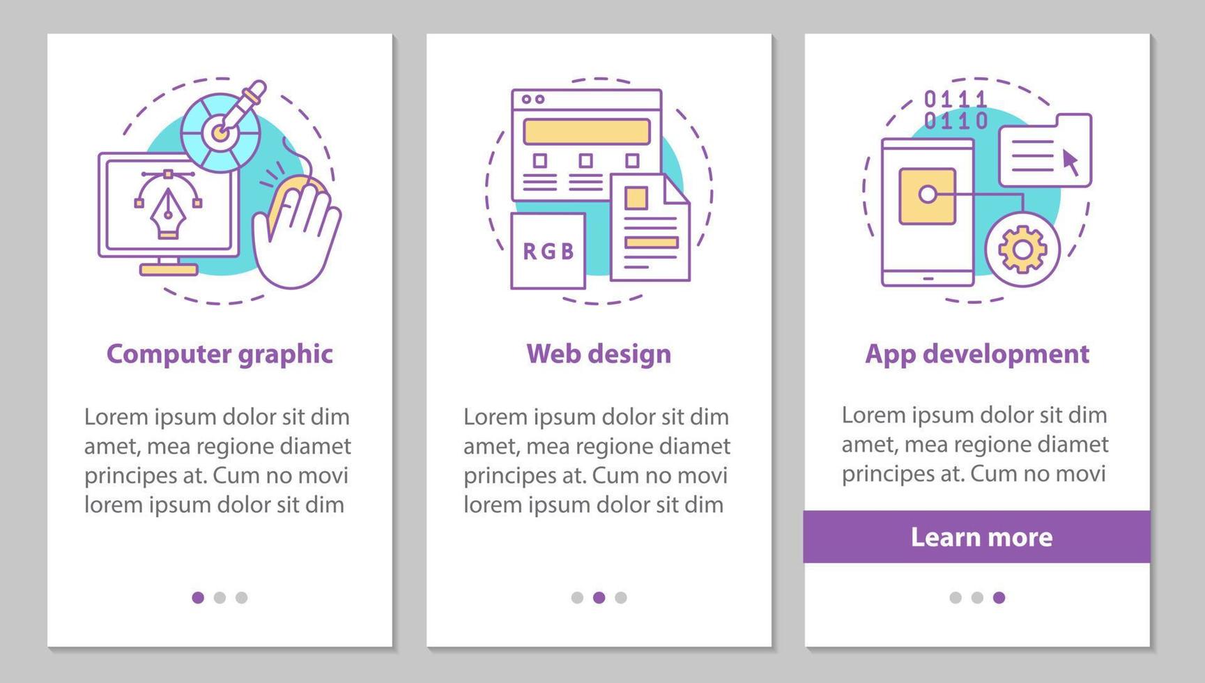 digitale technologie onboarding mobiele app paginascherm met lineaire concepten. computer grafisch, webdesign, app-ontwikkelingsstappen grafische instructies. ux, ui, gui vectorsjabloon met illustraties vector