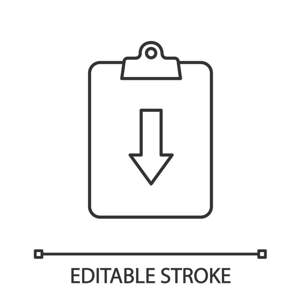 opdracht geretourneerd lineair pictogram. dunne lijn illustratie. klembord met pijl-omlaag. contour symbool. vector geïsoleerde overzichtstekening. bewerkbare streek