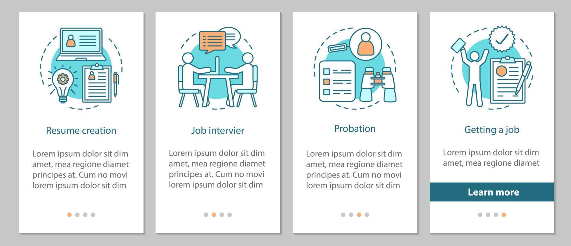 nieuw baanproces krijgen onboarding mobiele app-paginascherm met lineaire concepten. CV creatie, sollicitatiegesprek, proefstappen grafische instructies. ux, ui, gui vectorsjabloon met illustraties vector