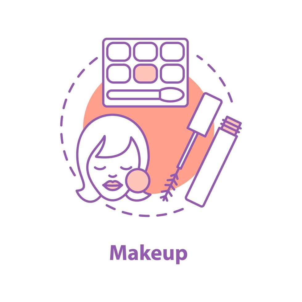 make-up concept icoon. cosmetica idee dunne lijn illustratie. mascara, oogschaduw en gezichtsrouge. vector geïsoleerde overzichtstekening