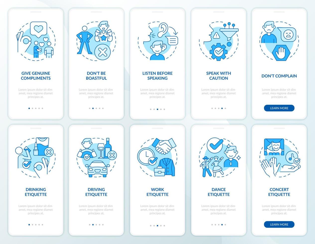 etiquette blauwe onboarding mobiele app-schermset. basisregels walkthrough 5 stappen grafische instructiepagina's met lineaire concepten. ui, ux, gui-sjabloon. vector