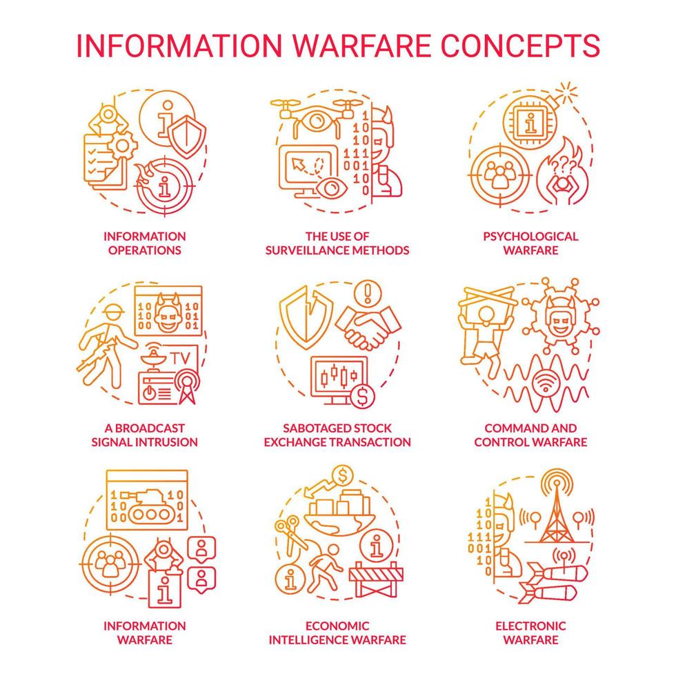 informatie oorlogvoering rode kleurovergang concept iconen set. tegenstanders misleiden. strategie en tactiek idee dunne lijn kleurenillustraties. geïsoleerde symbolen. vector