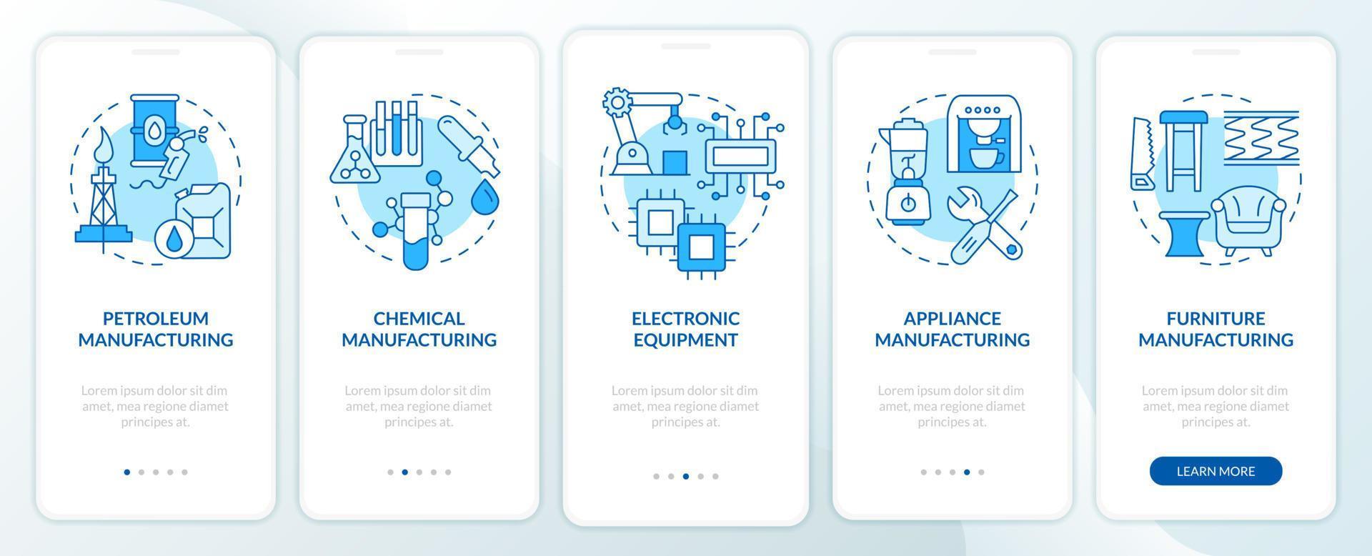 productie subsectoren blauw onboarding mobiel app-scherm. fabricage walkthrough 5 stappen grafische instructiepagina's met lineaire concepten. ui, ux, gui-sjabloon. vector