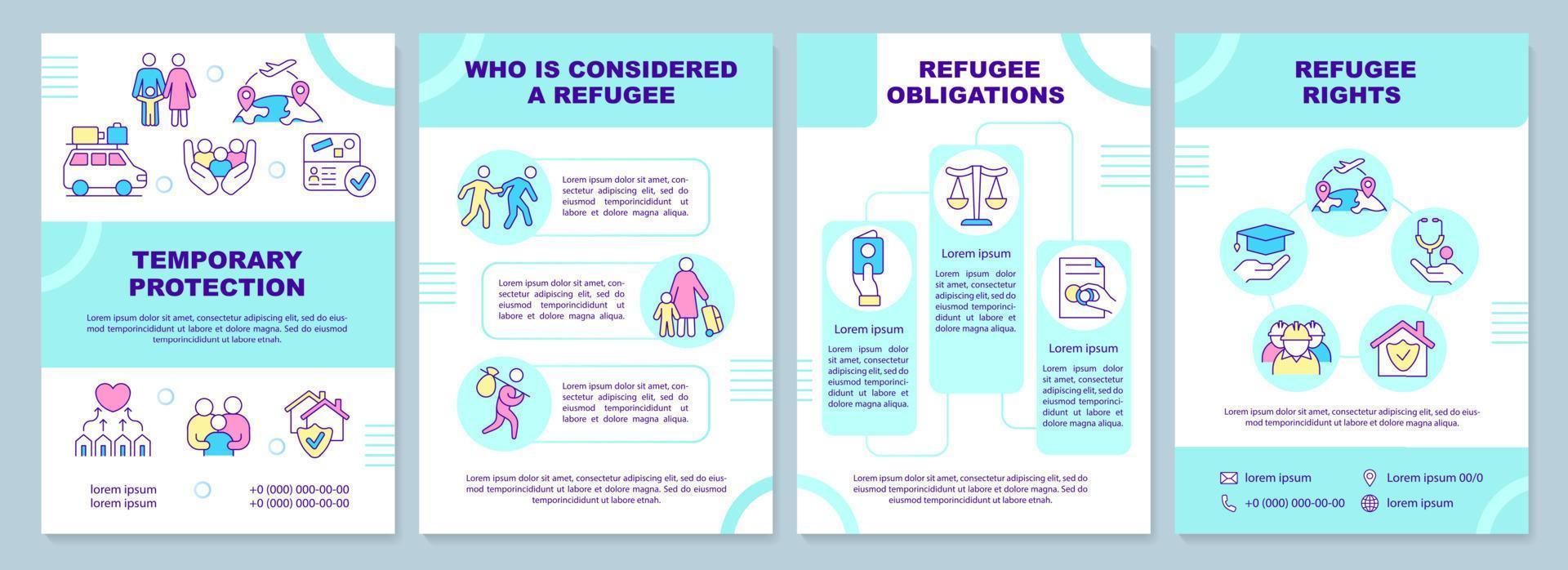 vluchtelingenrechten en plichten brochure sjabloon. vluchtelingen helpen. folderontwerp met lineaire pictogrammen. 4 vectorlay-outs voor presentatie, jaarverslagen. vector