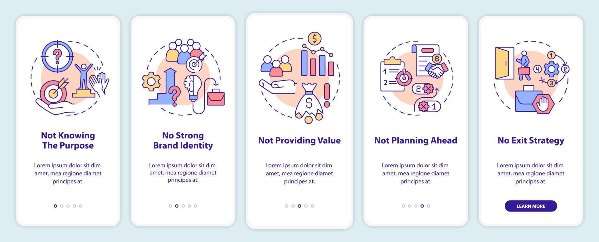 zakelijke problemen bij het onboarding van het mobiele app-scherm. niet wetend doel walkthrough 5 stappen grafische instructiepagina's met lineaire concepten. ui, ux, gui-sjabloon. vector