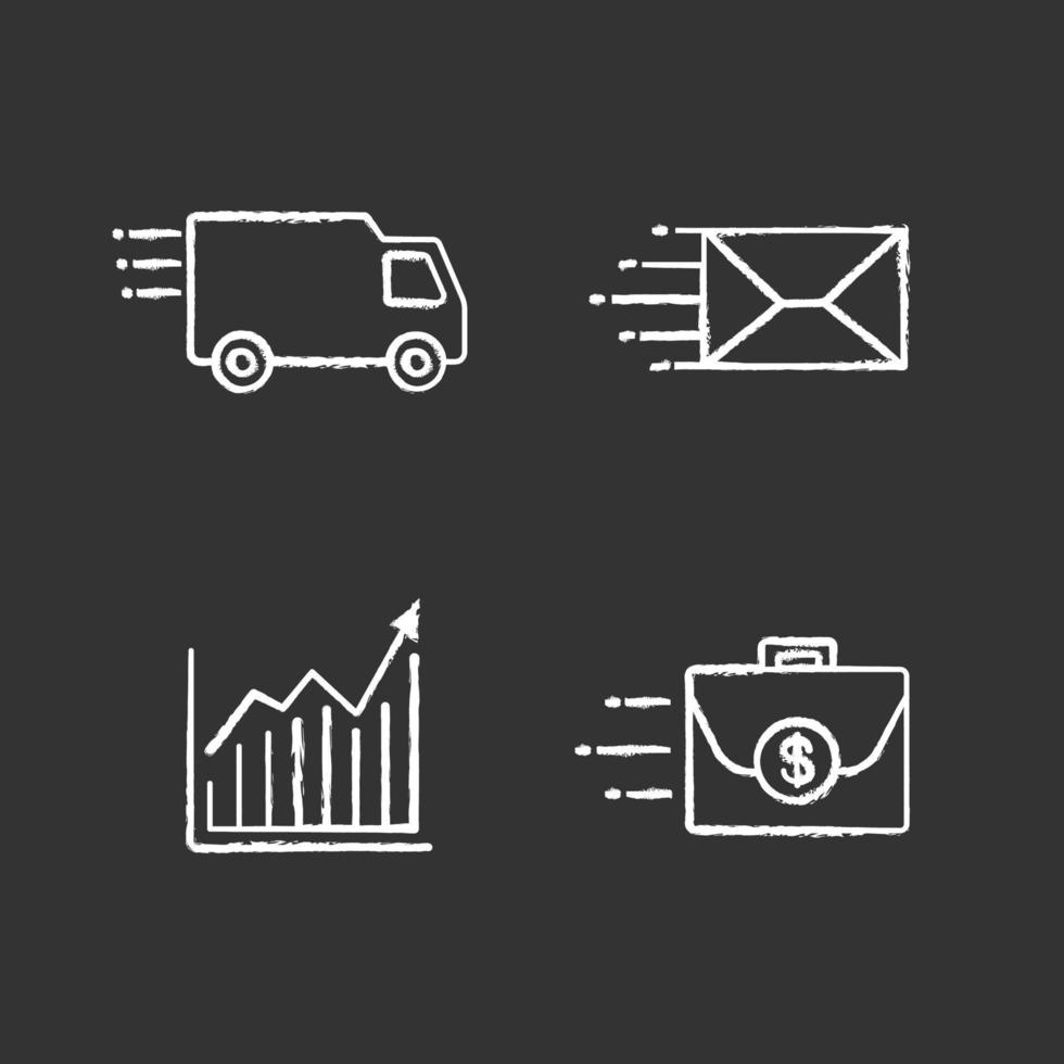 beweging krijt pictogrammen instellen. snelheid. bestelwagen, mailing, groeimeter, vliegende aktetas. geïsoleerde vector schoolbord illustraties