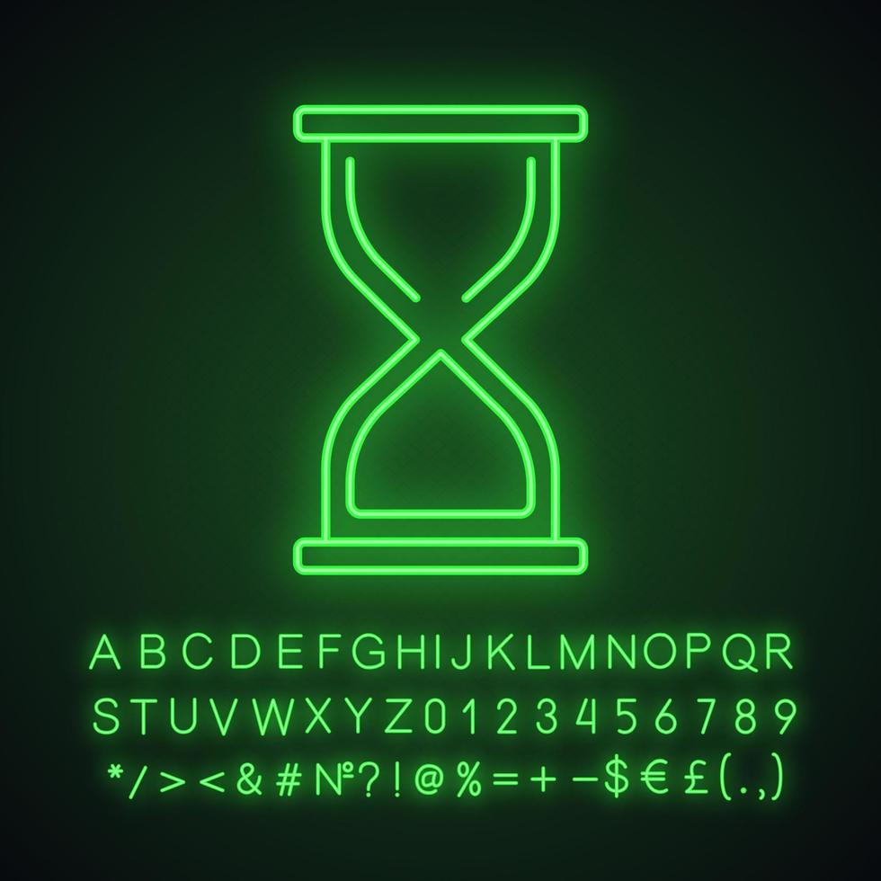 zandloper neon licht icoon. zandloper. tijd om te vliegen. gloeiend bord met alfabet, cijfers en symbolen. vector geïsoleerde illustratie