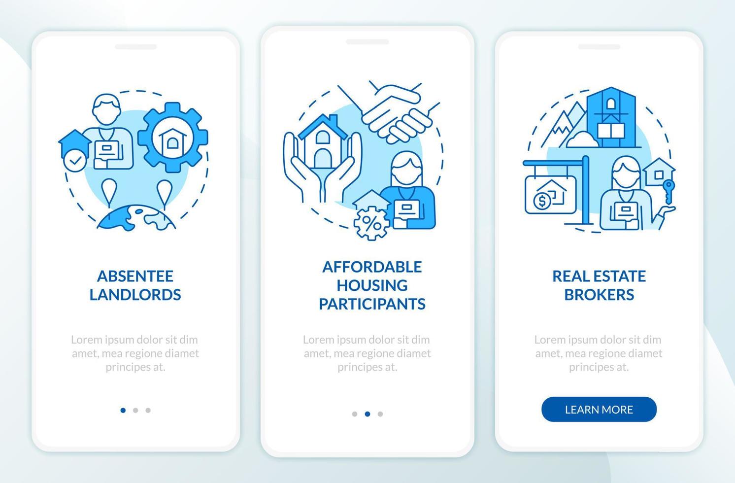 vastgoedbeheerders klanten blauw onboarding mobiel app-scherm. realty walkthrough 3 stappen grafische instructiepagina's met lineaire concepten. ui, ux, gui-sjabloon vector