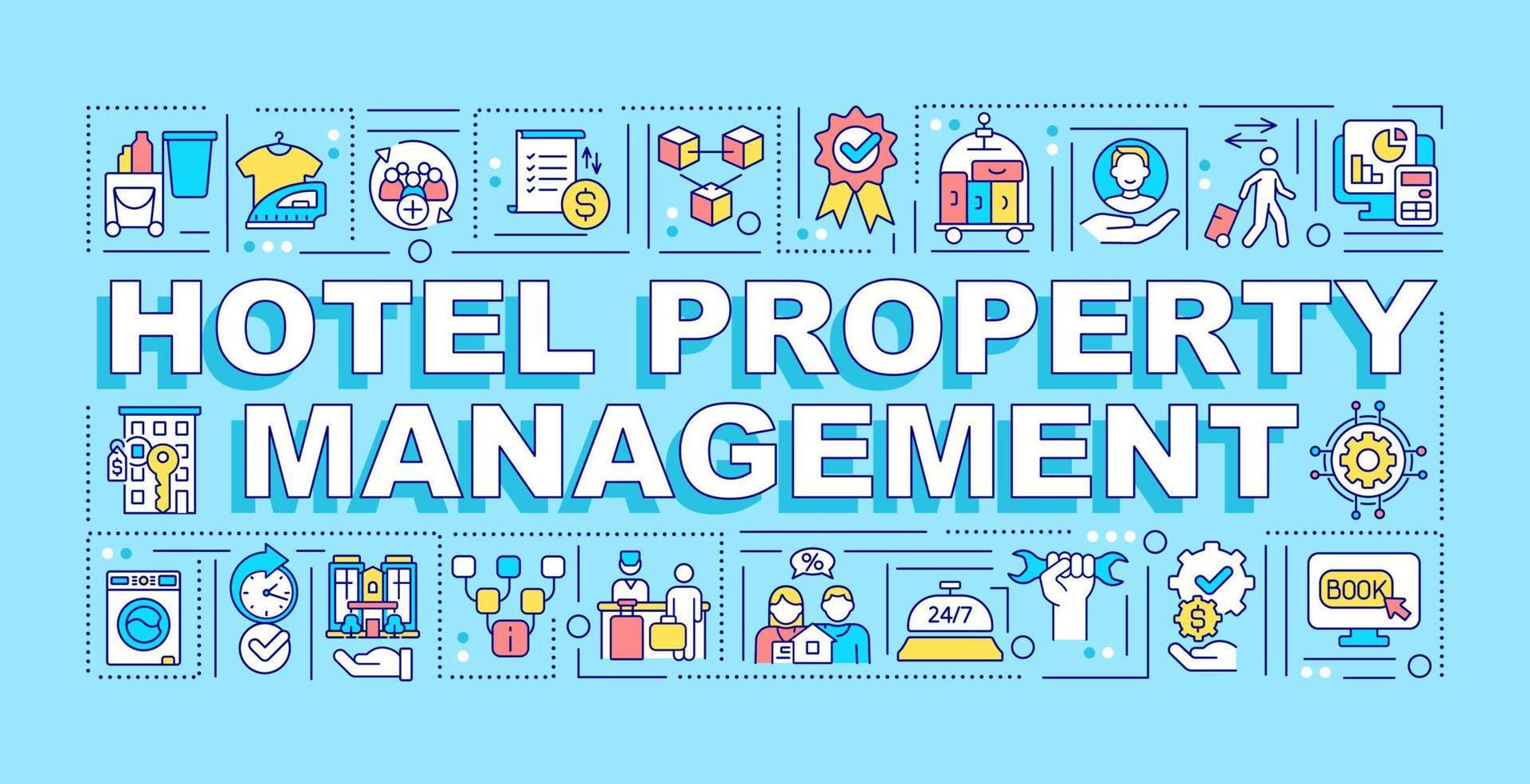 hotel property management woord concepten blauwe banner. klantenservice. infographics met lineaire pictogrammen op de achtergrond. geïsoleerde typografie. vector kleur illustratie met tekst