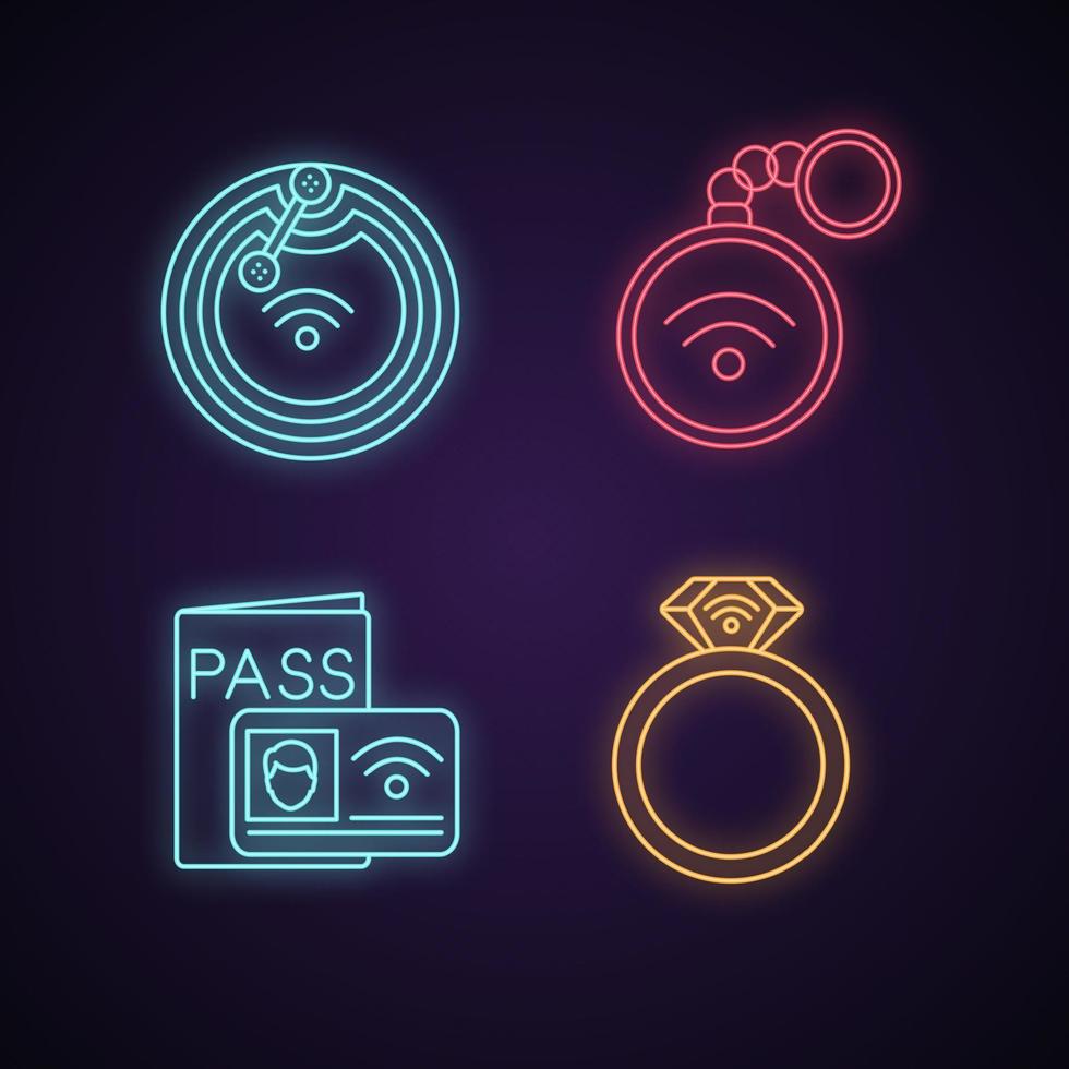 nfc technologie neonlicht iconen set. near field chip, snuisterij, identificatiesysteem, ring. gloeiende borden. geïsoleerde vectorillustraties vector