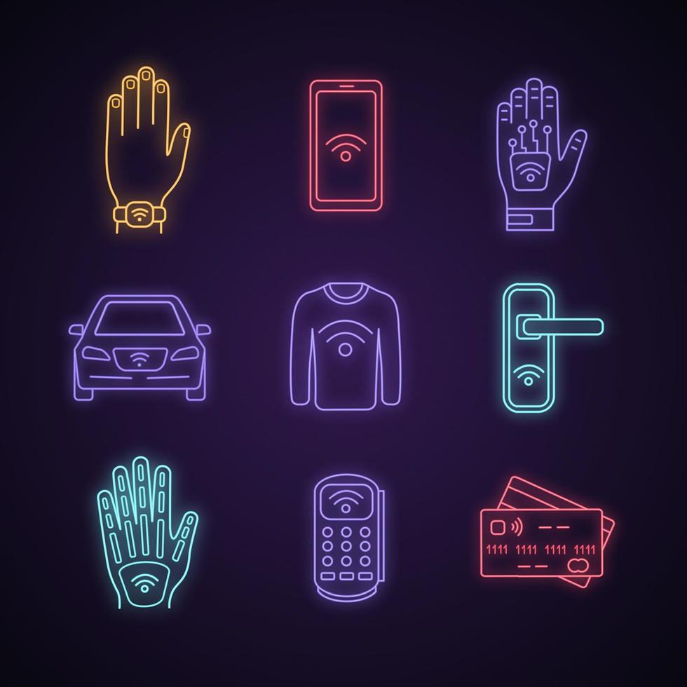 nfc technologie neonlicht iconen set. near field armband, smartphone, handimplantaat, auto, kleding, deurslot, betaalautomaat, creditcard. gloeiende borden. geïsoleerde vectorillustraties vector