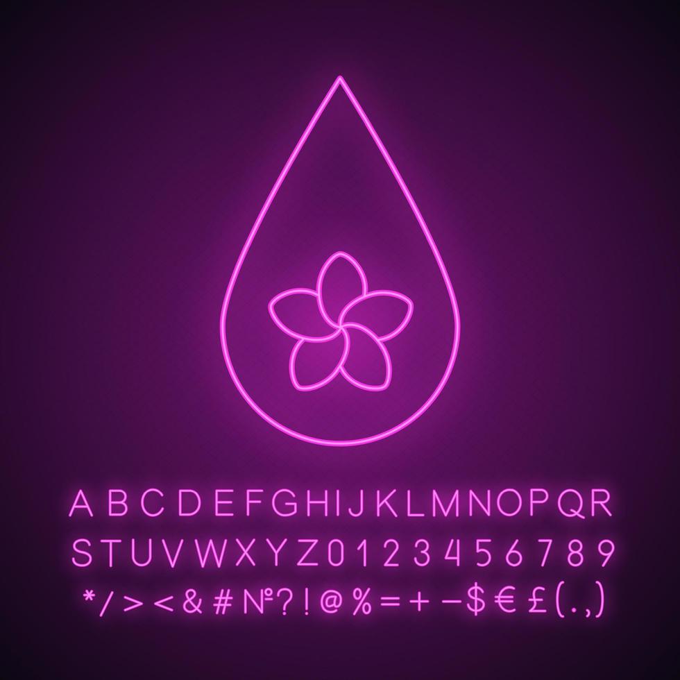 aromatherapie olie drop neon licht icoon. spa salon olie druppel met plumeria bloem binnen. gloeiend bord met alfabet, cijfers en symbolen. vector geïsoleerde illustratie