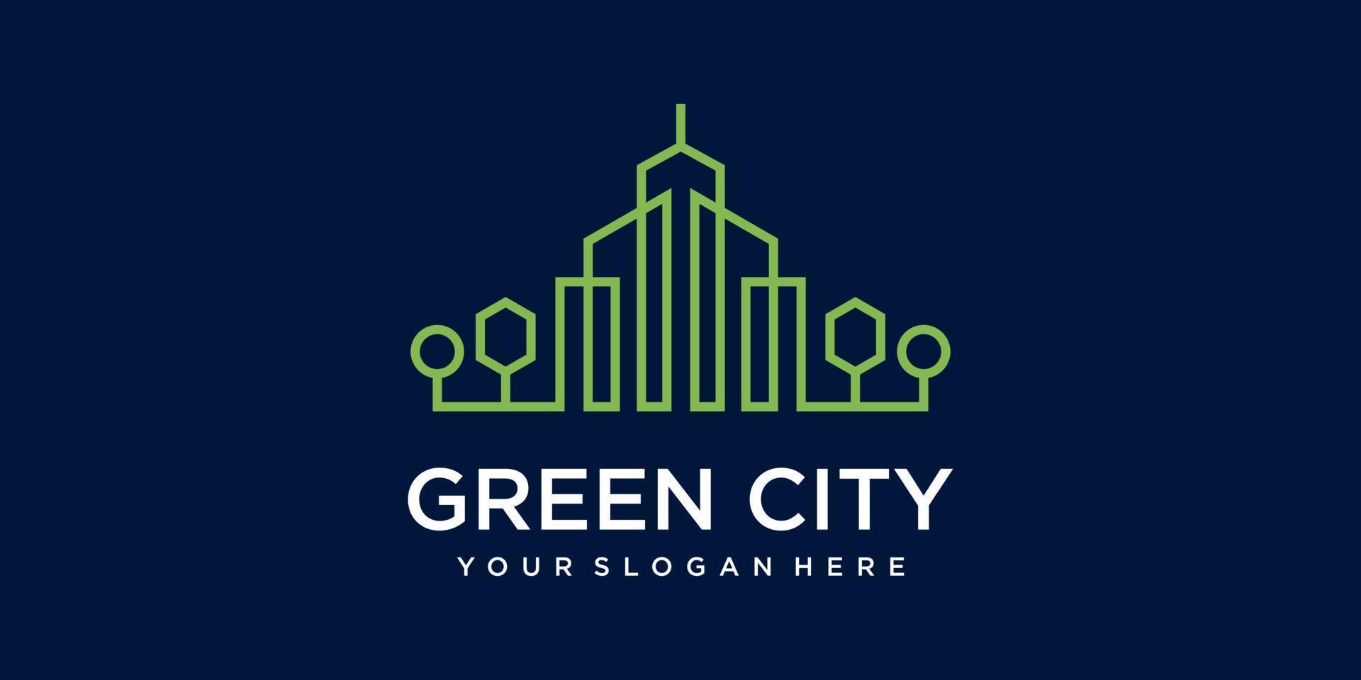 groene stad onroerend goed logo ontwerp vector sjabloon gebouw. minimalistisch overzichtssymbool voor milieuvriendelijke gebouwen. pictogram en visitekaartje premium vector.