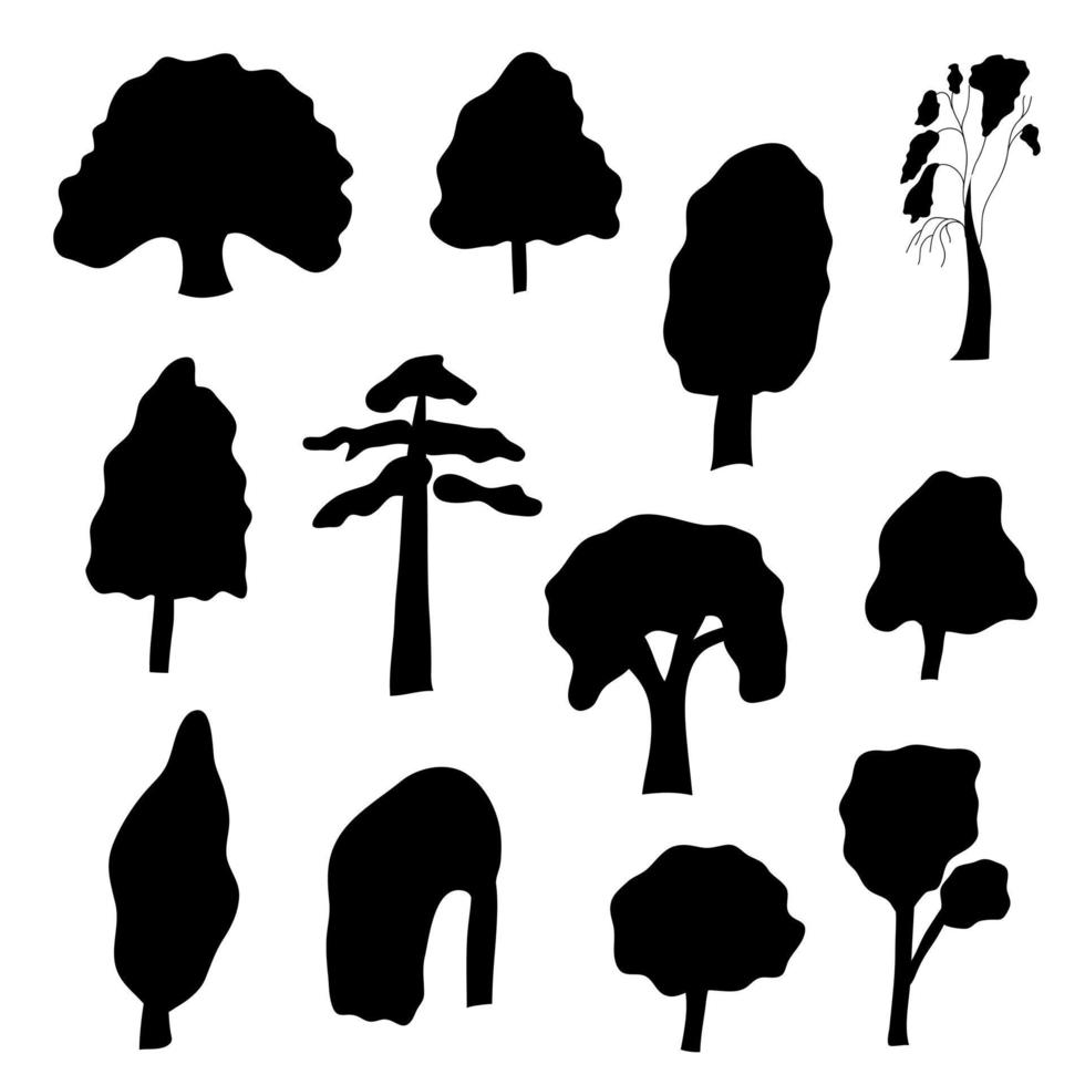 een reeks silhouetten van cartoonbomen. vector geïsoleerd op een witte achtergrond.