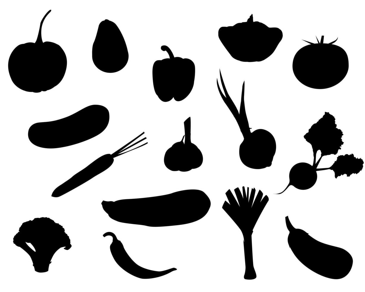 een set van plantaardige silhouetten. ui, knoflook, rode biet, avocado, pompoen, broccoli aubergine, prei, peper, squash, squash chili peper vector geïsoleerd op een witte achtergrond