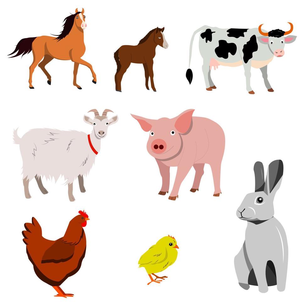 een set boerderijdieren. vector geïsoleerd op een witte achtergrond. paard, veulen, koe, geit, varkenskip, kip, konijn