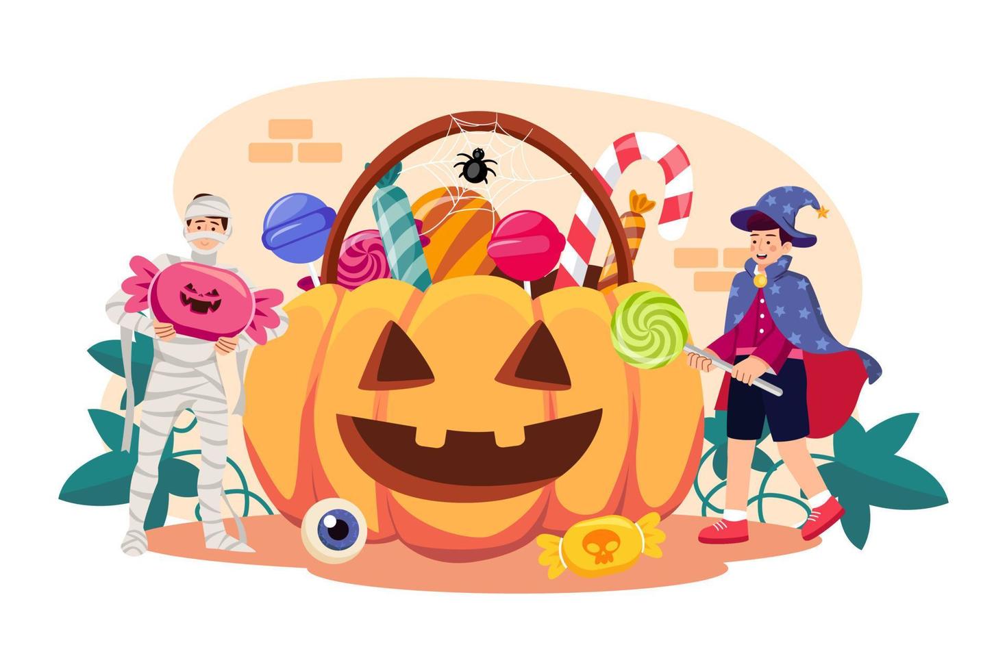 kinderen gaan naar feestjes, trick or treat en hebben plezier op halloween vector