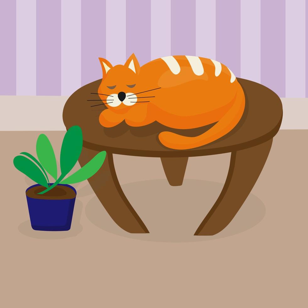 roodharige kat slapen op tafel in gezellige woonkamer. favoriete huisdier. houten salontafel, binnenplan vector