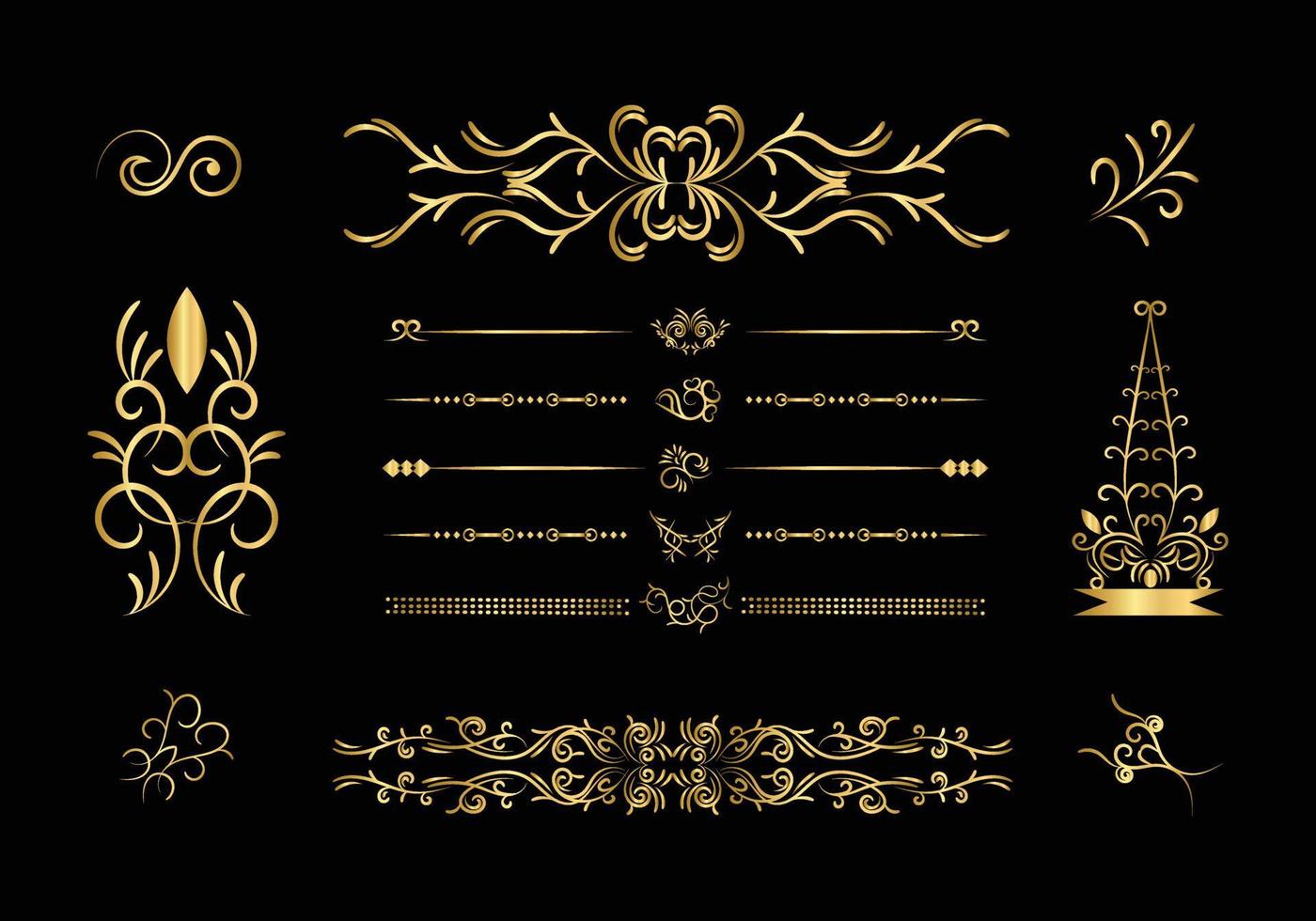 gouden scheidingslijnen instellen. decoratieve decoratieve elementen. vector sierlijke elementen ontwerp. goud bloeit. decoratieve kalligrafische scheidingslijn en rand voor vignet plakboek ornament.