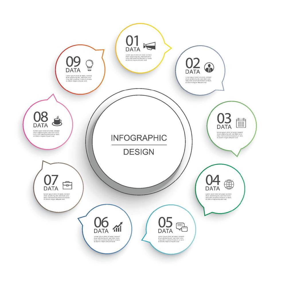 infographics cirkel tijdlijn met 9 nummer gegevenssjabloon. vector illustratie abstracte achtergrond.