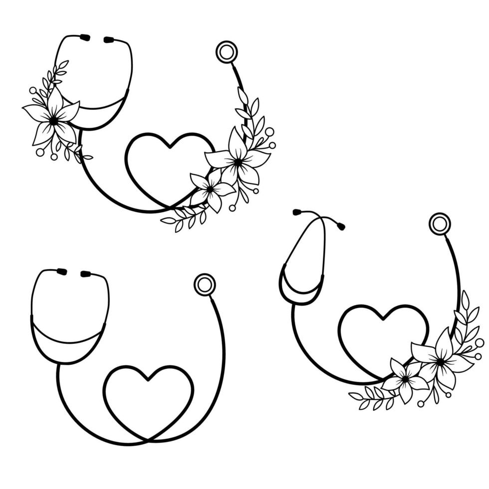 teken stethoscoop met bloemen met hart. vectorillustratie geïsoleerd op wit. medisch logo in kaderstijl. vector