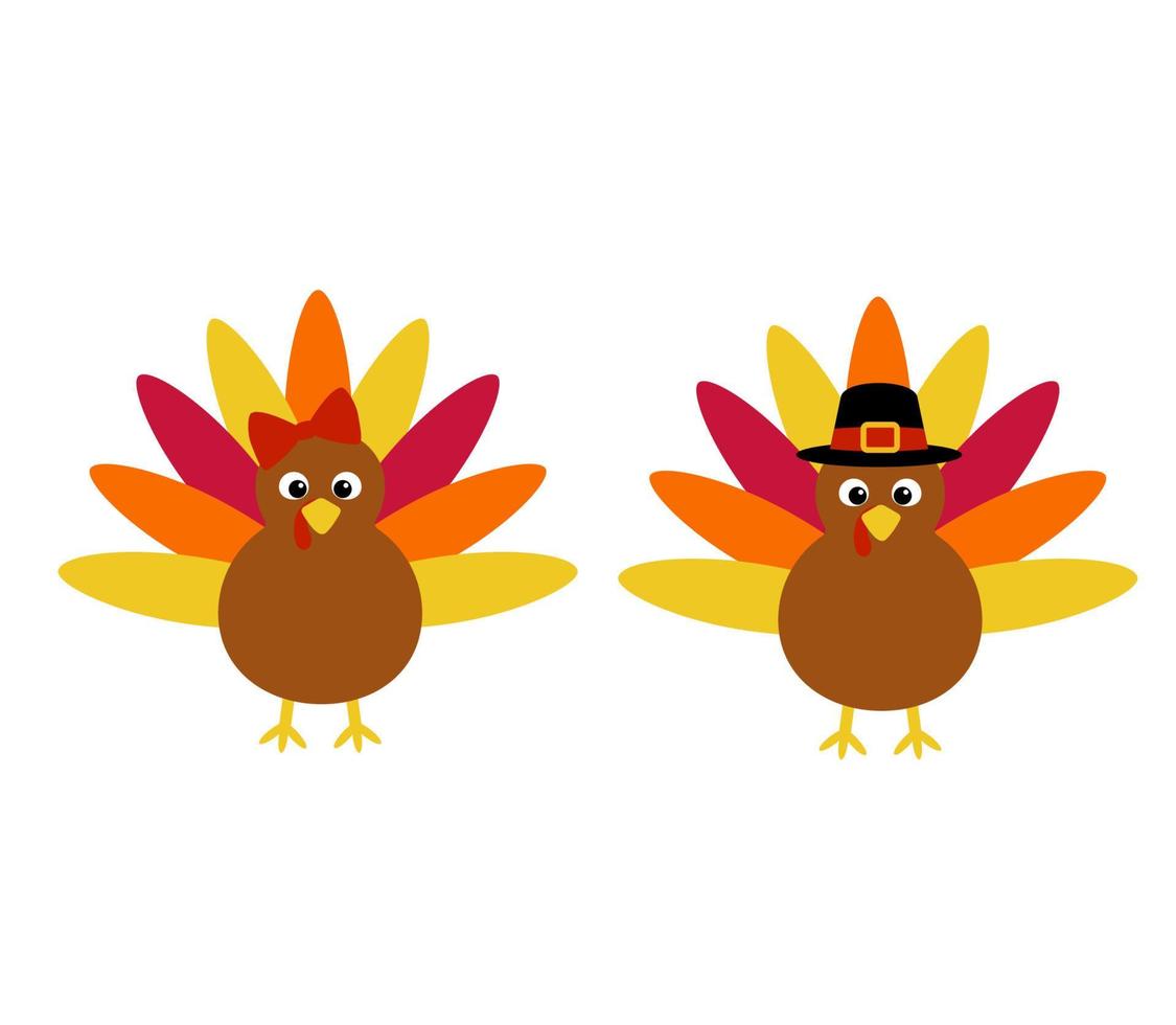 vectorillustratie van Thanksgiving Turkije geïsoleerd op een witte achtergrond. eenvoudige platte kalkoen voor kinderen met strik en hoed voor kinderen vector