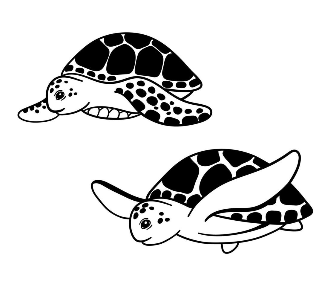 schattige zeeschildpad zwemt. zwart-wit vectorillustratie geïsoleerd op een witte achtergrond. vector