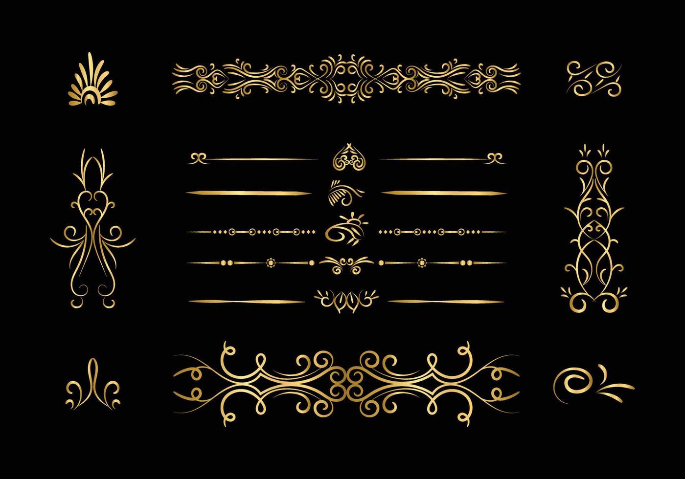 gouden scheidingslijnen instellen. decoratieve decoratieve elementen. vector sierlijke elementen ontwerp. goud bloeit. decoratieve kalligrafische scheidingslijn en rand voor vignet plakboek ornament.