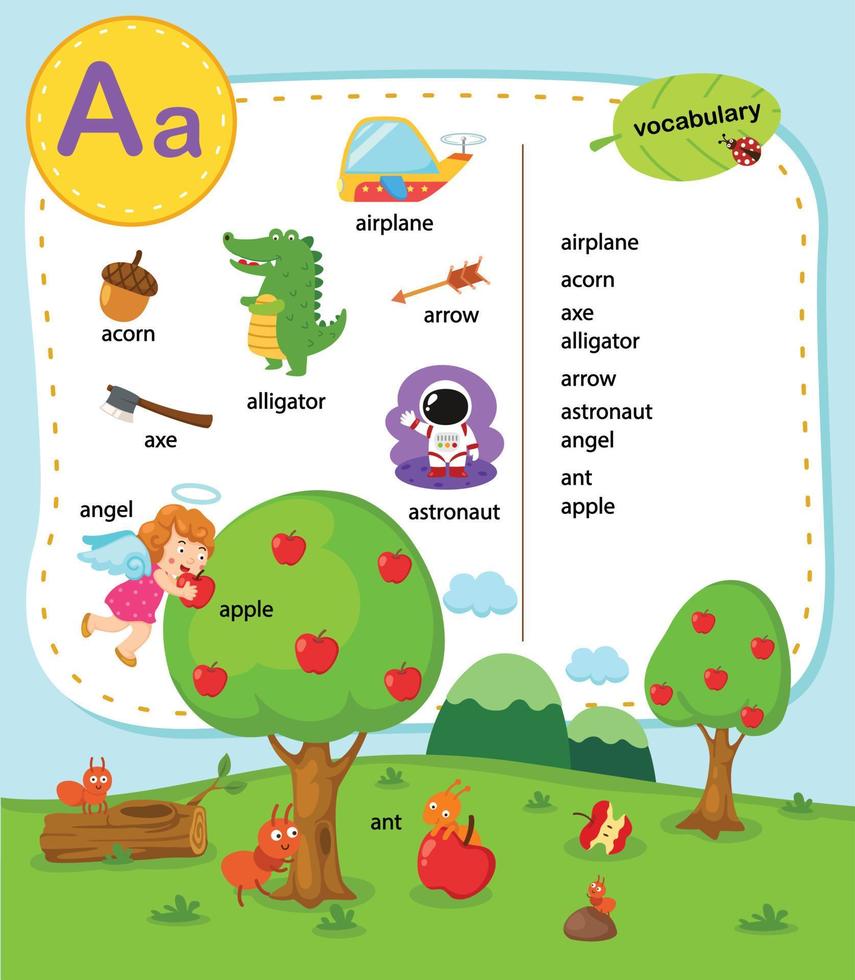 alfabet letter a onderwijs woordenschat illustratie, vecto vector