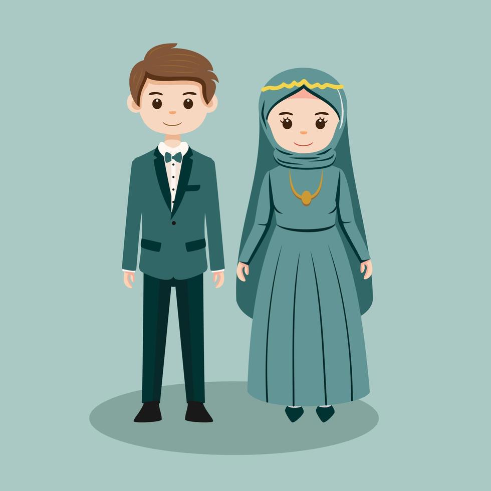 schattige moslim bruid en bruidegom cartoon vector