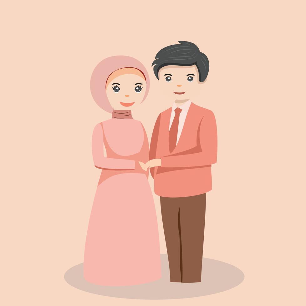 gelukkige moslim bruid en bruidegom trouwen. platte vectorillustratie van geliefden man en vrouw in trouwkleding. voor altijd samen. vector
