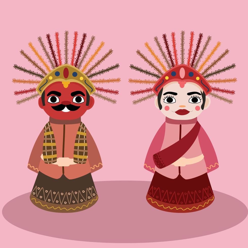 gigantische poppen ondel-ondel cultuur van jakarta. ondel - ondel, gigantische marionet. de traditionele poppen komen uit jakarta indonesië. mascotte van jakarta - betawi. vectorillustratiestijl voor behang, poster vector