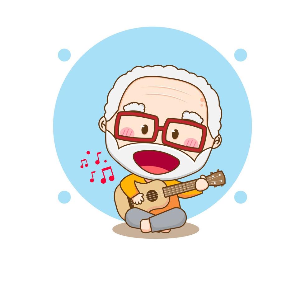 leuke oude man die gitaar speelt. chibi stripfiguur vector