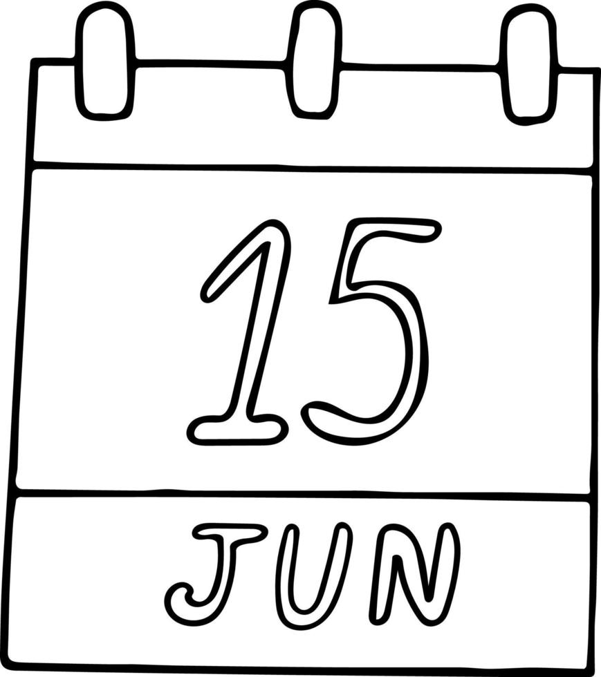 kalender hand getekend in doodle stijl. 15 juni. globale winddag, wereldbewustzijn van ouderenmishandeling, datum. pictogram, stickerelement voor ontwerp. planning, zakenvakantie vector