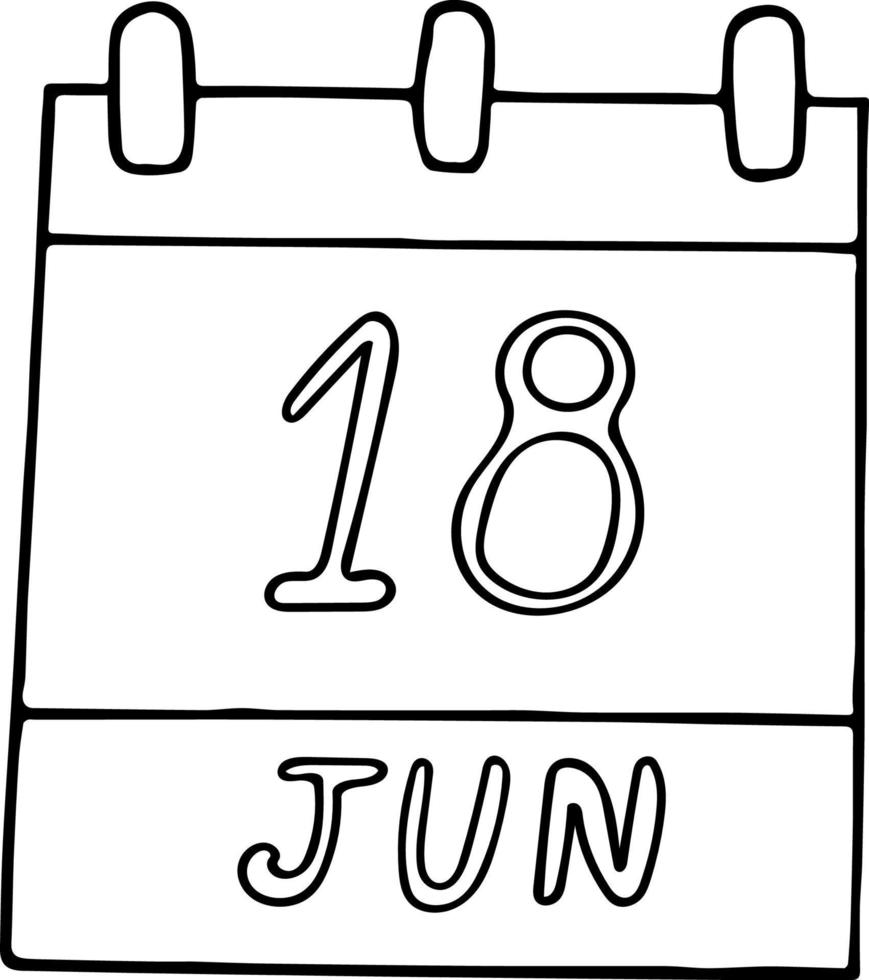 kalender hand getekend in doodle stijl. 18 juni. duurzame gastronomie dag, datum. pictogram, stickerelement voor ontwerp. planning, zakenvakantie vector