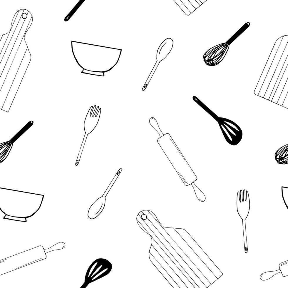keukengerei naadloos patroon. behang, textiel. hand getrokken doodle stijl. , minimalisme, zwart-wit, schets. vork, lepel, garde spatel deegroller snijplank eten koken vector