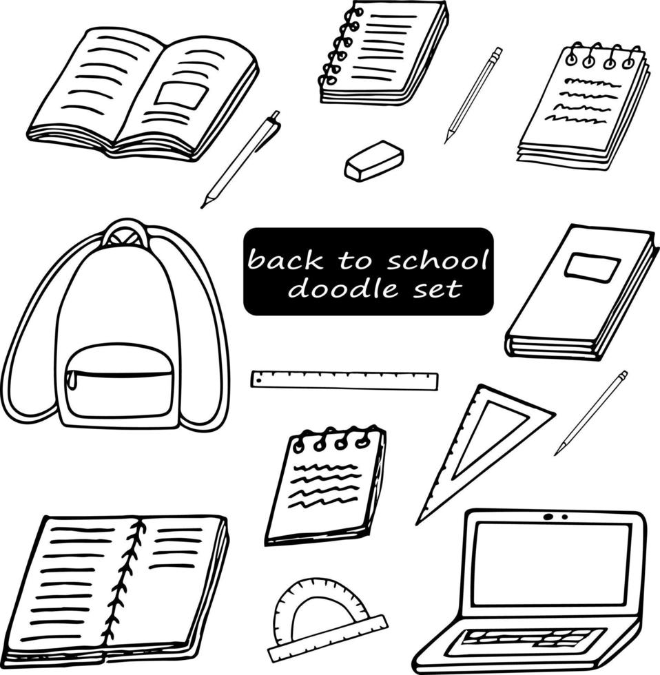 terug naar school set elementen hand getrokken in doodle stijl. vectorafbeelding Scandinavisch monochroom minimalisme eenvoudig. studie, liniaal, boek, leerboek, notitieboekje, pen, potlood, rugzak, laptop, gum vector