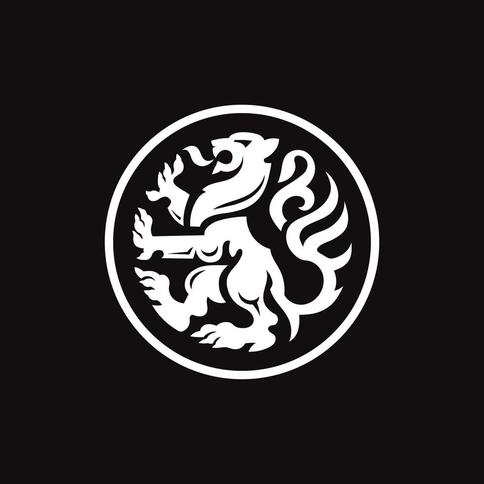 eenvoudige en moderne heraldische staande leeuw met cirkelachtergrond vector