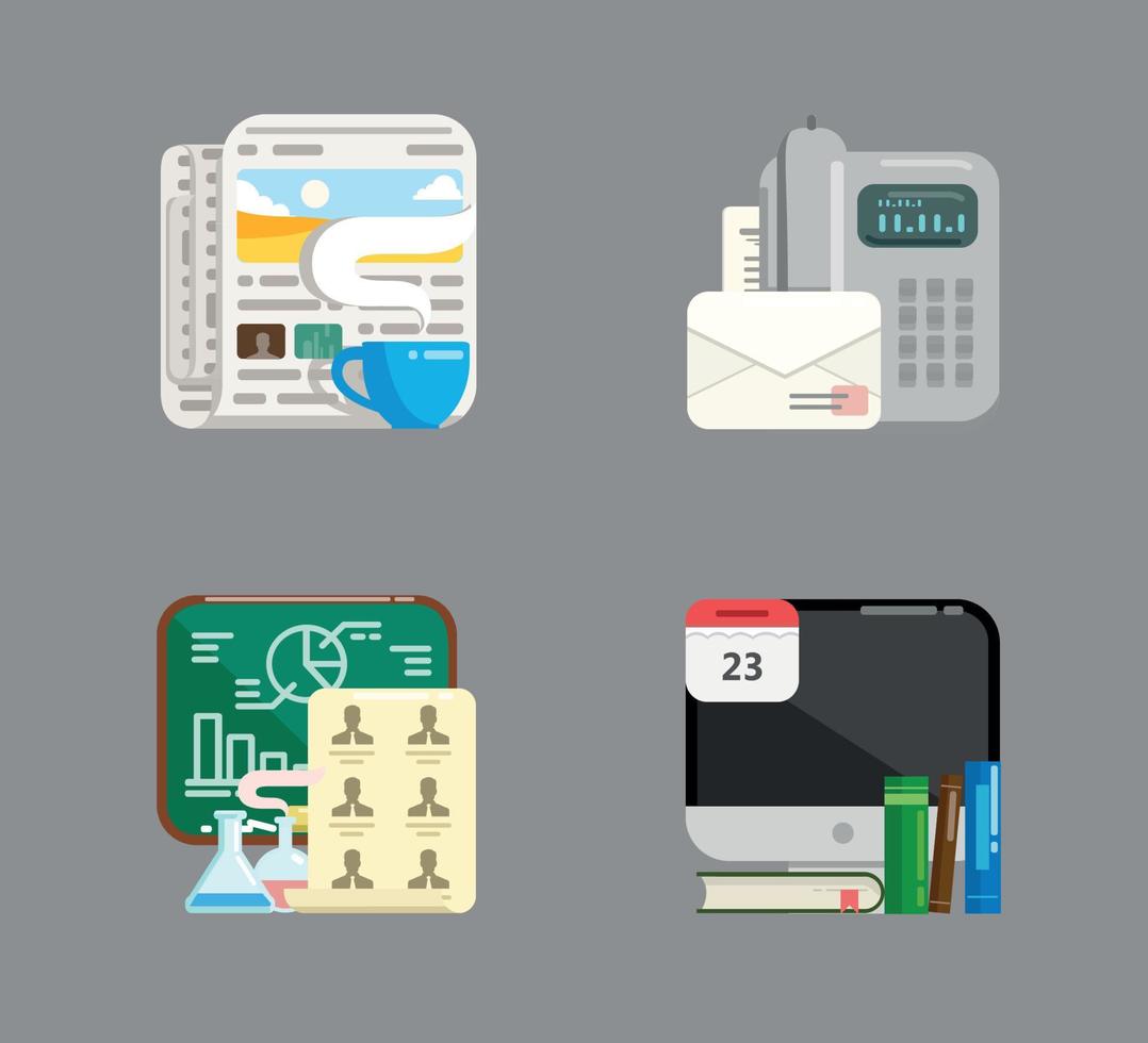 illustratie iconen nieuws, communicatie, studie en dagelijkse routine. 4 illustraties vector