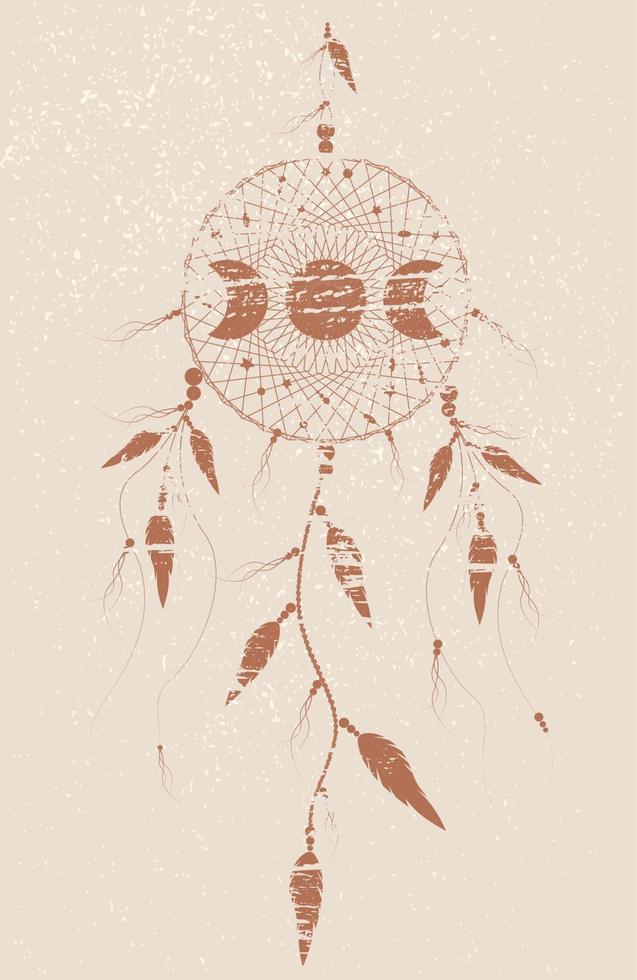 oude dreamcatcher mandala ornament maanstanden en vogelveren. mystieke symbool, etnische kunst met native american indian boho design, vector geïsoleerd op vintage background