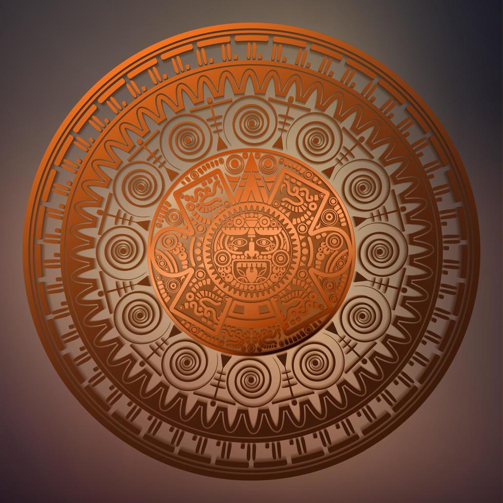Heilige Azteekse wiel kalender Maya zonnegod, Maya symbolen etnische masker, bronzen ronde frame grens oude logo pictogram vectorillustratie geïsoleerd op vintage achtergrond vector