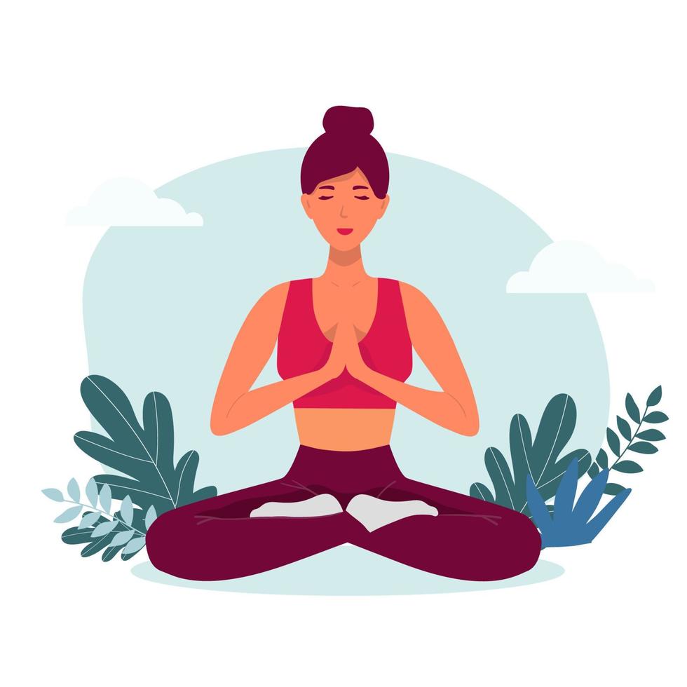 mediterende vrouw. vectorillustratie van cartoon jonge vrouw zitten in yoga lotuspositie omringd door bladeren van de plant. yoga lotus pose, vrouwen wellness-concept. plat geïsoleerd op wit vector