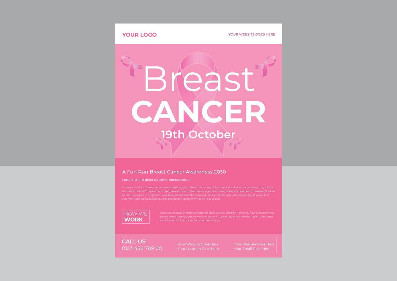 borstkanker flyer ontwerpsjabloon, borstkanker bewustzijn flyer sjabloon, borstkanker oktober bewustzijn maand roze lint banner flyer. vector