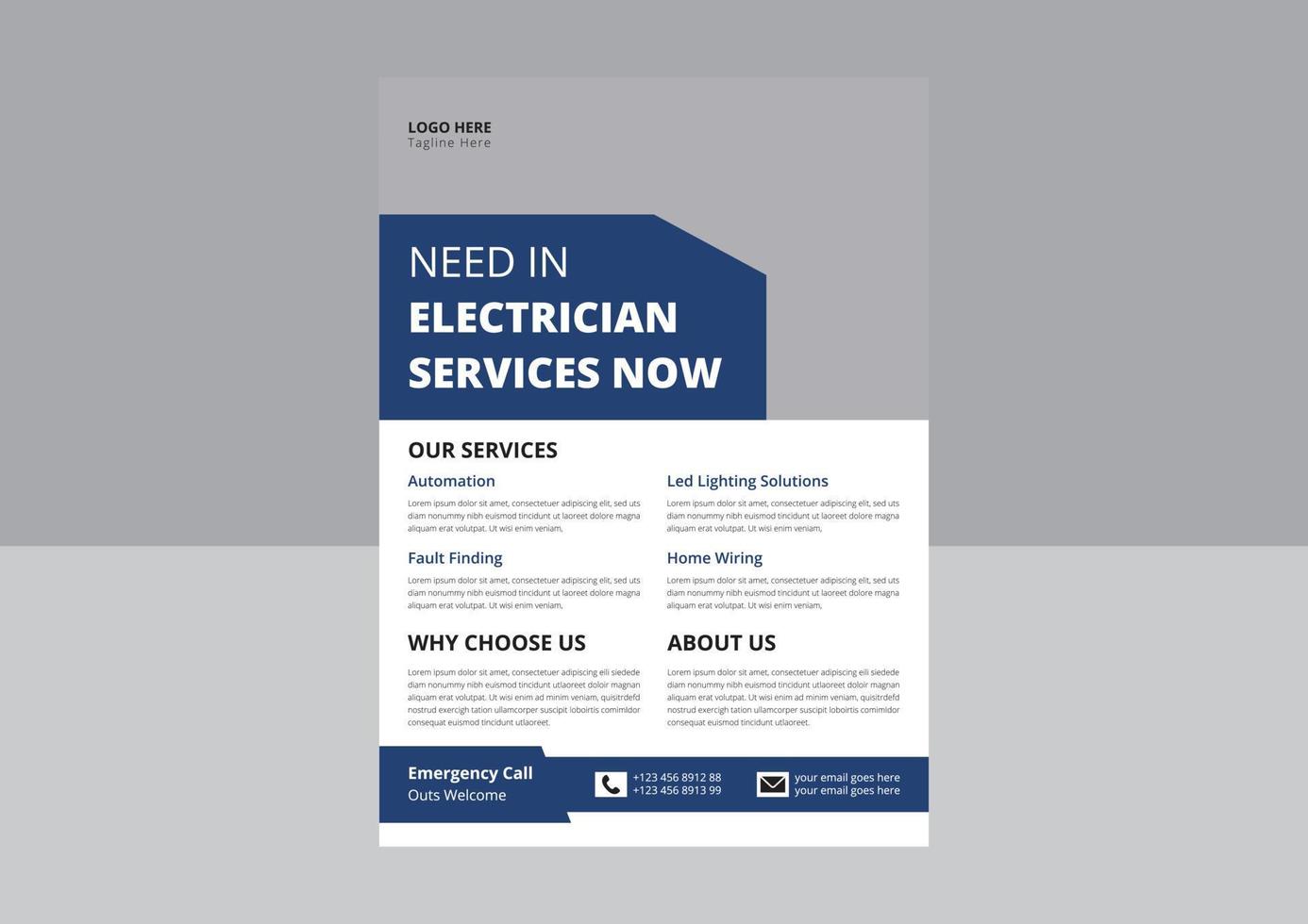 professionele elektrische serviceposter en flyer. elektricien en elektriciteitsbedrijf flyer, huishoudapparatuur reparatie service flyer. vector