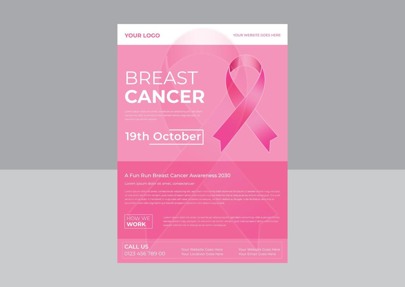 borstkanker flyer ontwerpsjabloon, borstkanker bewustzijn flyer sjabloon, borstkanker oktober bewustzijn maand roze lint banner flyer. vector